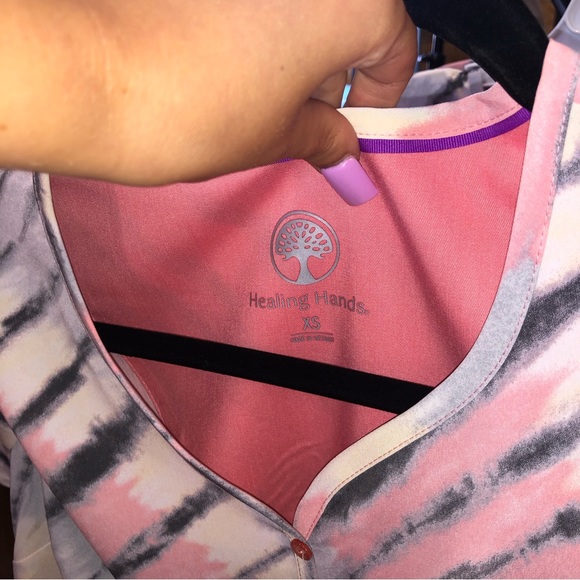 Healing Hands Purple Label Two Button Jewel Neck tie-dye scrub top - Picture 8 of 11